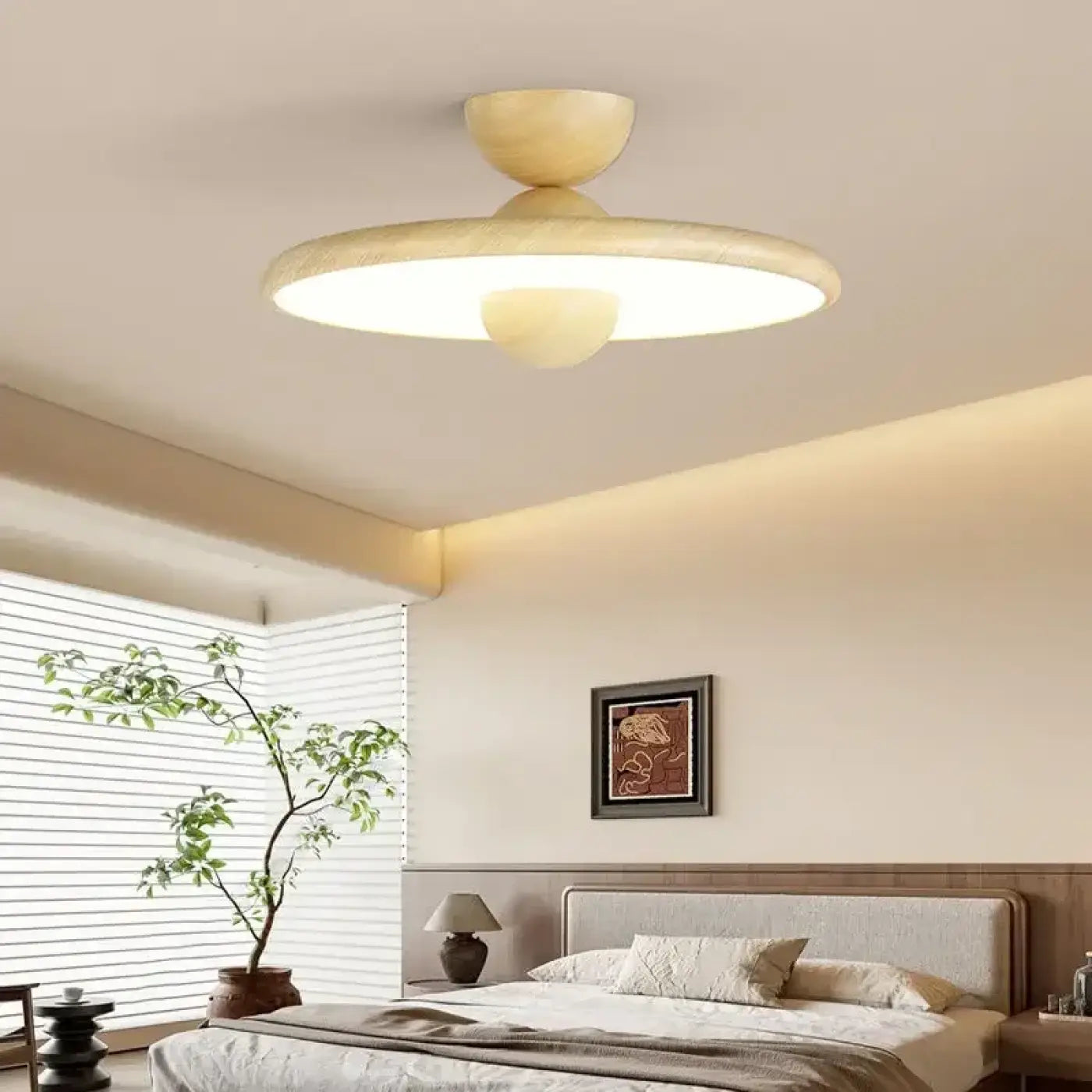 Plafonnier Art Déco Bois Marron et Beige