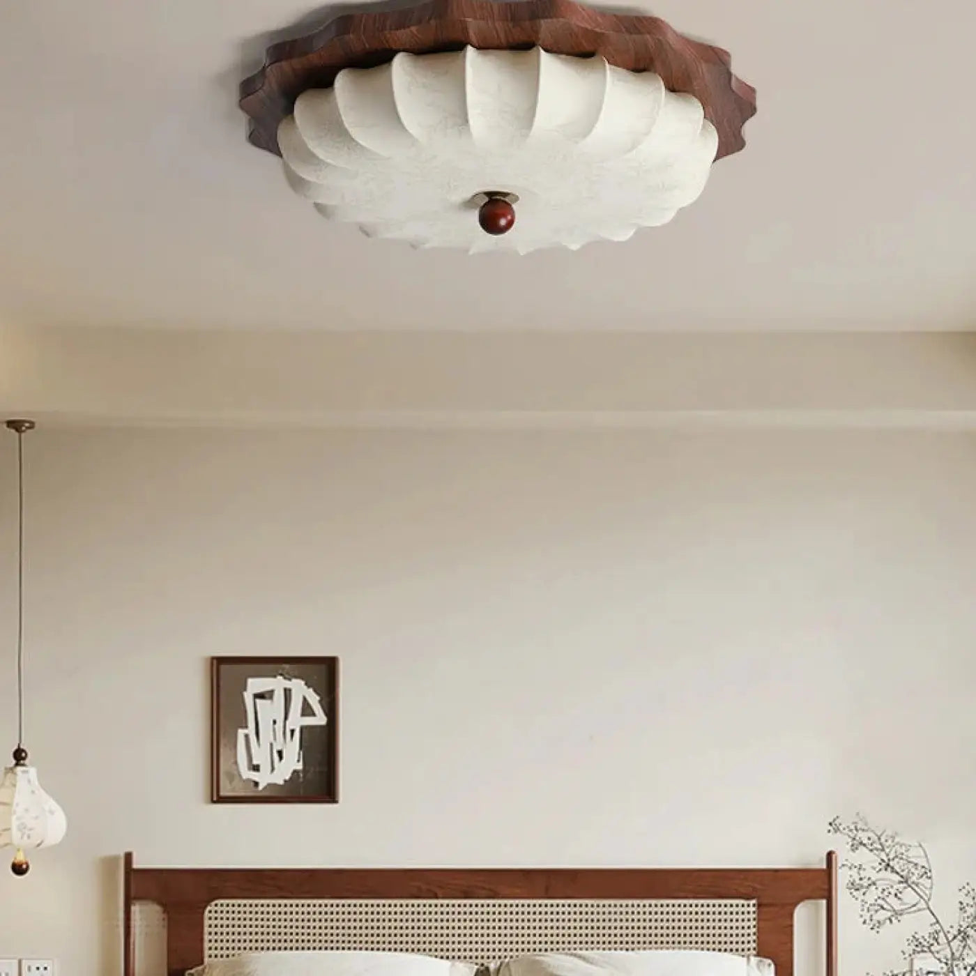 Plafonnier Led Tissu Japonais en Bois